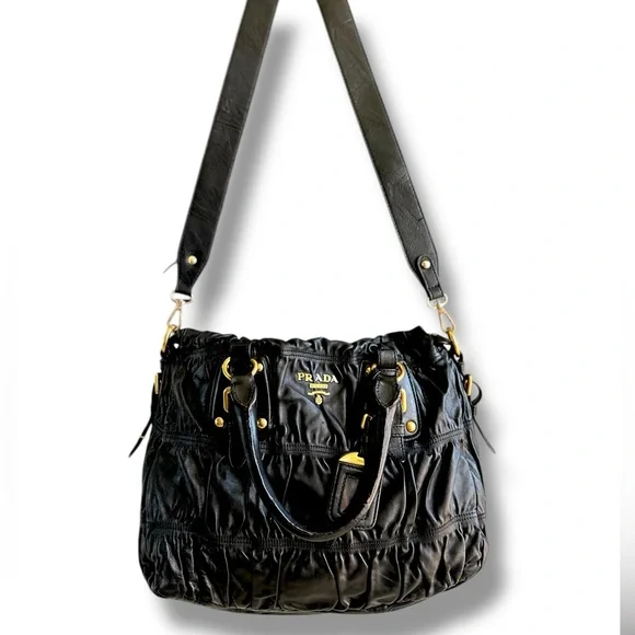 PRADA Ruched Gaufre Leather Top Handle Bag Crossbody Handbag Buttery Soft - Picture 4 of 17